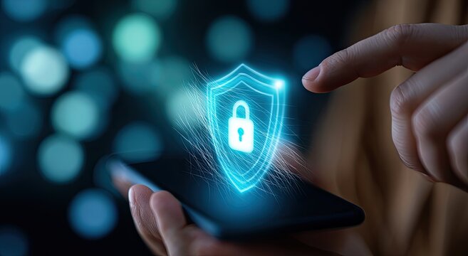 Futuristic shield with padlock hologram glowing on a smartphone