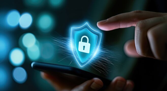 Person touches glowing shield icon on phone, indicating digital security