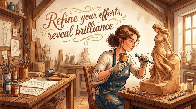 Artisan woman sculpting a statue in a rustic workshop, surrounded by art supplies and inspirational text