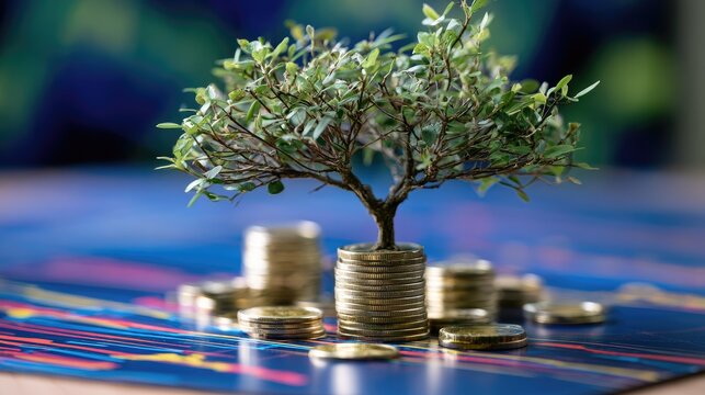 A miniature tree grows from a stack of coins on a colorful, abstract background