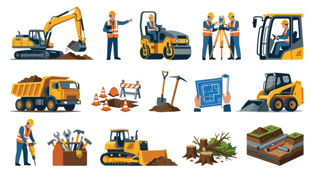 Construction Industry Flat Vector Illustration Set: Equipment, Workers, and Building Process Icons