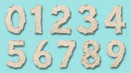 Naklejka premium A set of nine numbers, 0 to 9, made from recycled cardboard, arranged in a 3x3 grid on a light blue background.