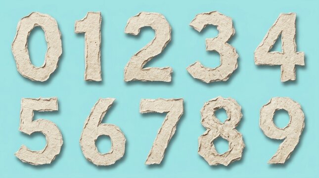 A set of nine numbers, 0 to 9, made from recycled cardboard, arranged in a 3x3 grid on a light blue background.
