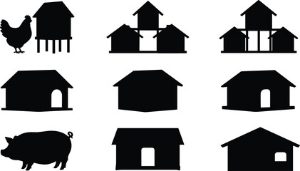 Vector Silhouette Bundle of Farm Animal Shelters Chicken Coops and Livestock Pens © MstSaleha