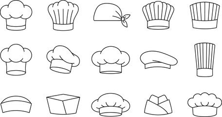 Set of professional chef hats and kitchen cook headwear line art icons with restaurant culinary headwear clothing illustration collection professional headgear catering accessory © Kanon Islam