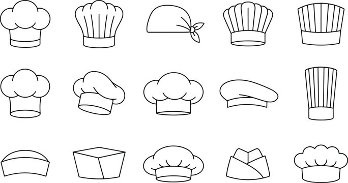 Set of professional chef hats and kitchen cook headwear line art icons with restaurant culinary headwear clothing illustration collection professional headgear catering accessory