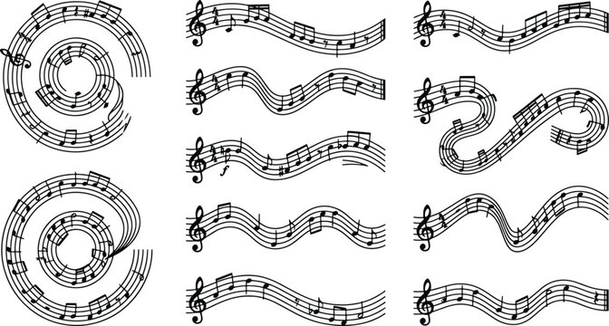 Set of musical notation symbols and flowing sheet music staff lines with notation composition symphony classical elements