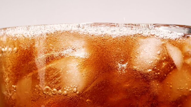 Slow motion closeup pouring cola with ice cubes and bubbles, soft drink texture