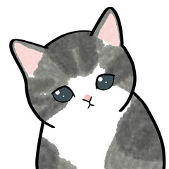 Grey white fluffy little kitten with a cute, sad expression portrayed in a soft texture with a focus on its head and eyes. Perfect for pet products, childrens books, or emotional design projects.