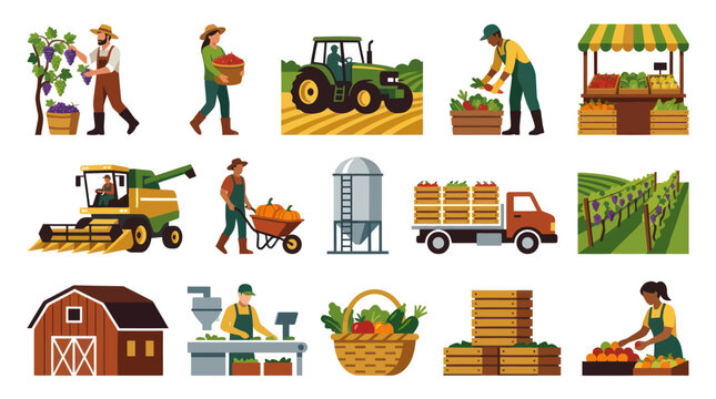 Farming and Agriculture Flat Vector Icons: Harvest, Tractor, Barn, Market