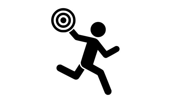 Minimalist stick figure running with raised target symbol vector icon representing ambition focus measurable results business growth and strategic achievement
