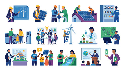 Fototapeta premium Renewable Energy Flat Design Icons: Solar, Wind, Eco-friendly Technology Engineers