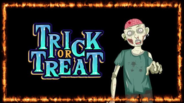 Animated Zombie Character with Trick or Treat Text in Fire Frame