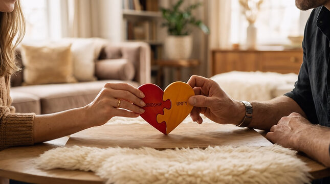 Couple Connecting Heart Puzzle Symbolizing Unity, Friendship and Relationship Success