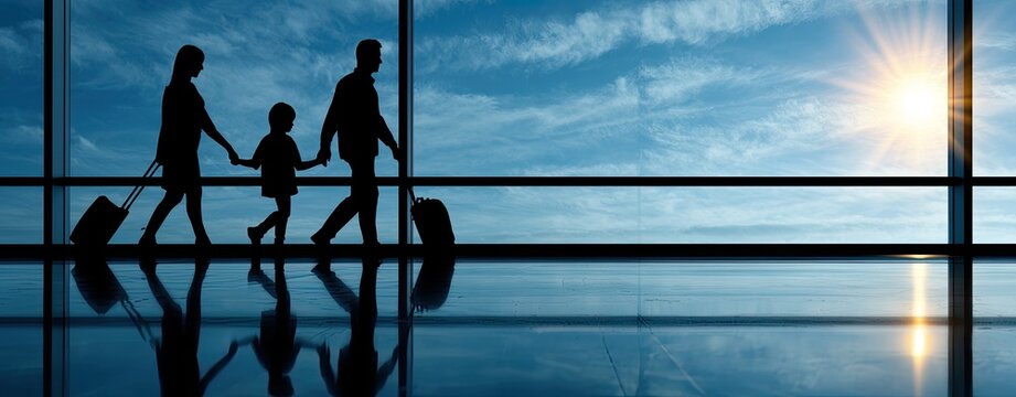 Family silhouettes walking with luggage inside airport terminal, sun shining