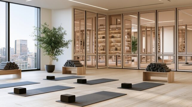 Bright yoga studio with city views, wood floors, and organized props