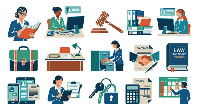 Legal Services and Office Administration Flat Vector Illustration Set with Lawyers, Documents, Gavel, Books
