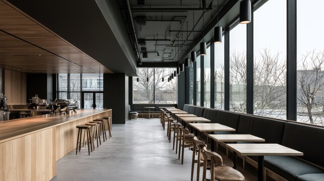 Modern cafe interior with bar, seating, and large windows overlooking outdoors