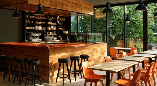 Modern cafe interior with wooden bar, orange chairs, and large windows (1)