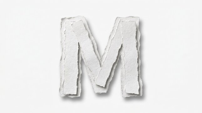 A torn paper alphabet with the letter M, made of white paper with a textured surface, against a white background with a slight shadow.
