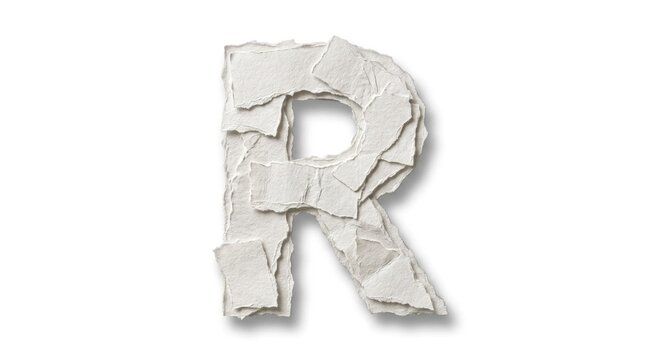 A torn paper alphabet with the letter R, made from white paper with a hole in the center, against a white background.