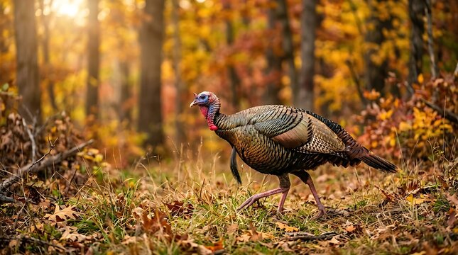 Wild turkey in autumn forest a thanksgiving day scene for festive decor