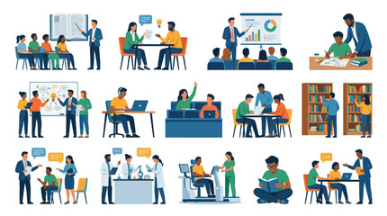 Fototapeta premium Flat Vector Education, Learning Science Concepts. Diverse Students, Teachers, Professionals in Study Lab Settings