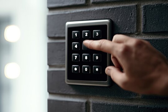 Hand entering digits on a modern digital keypad mounted on a textured wall
