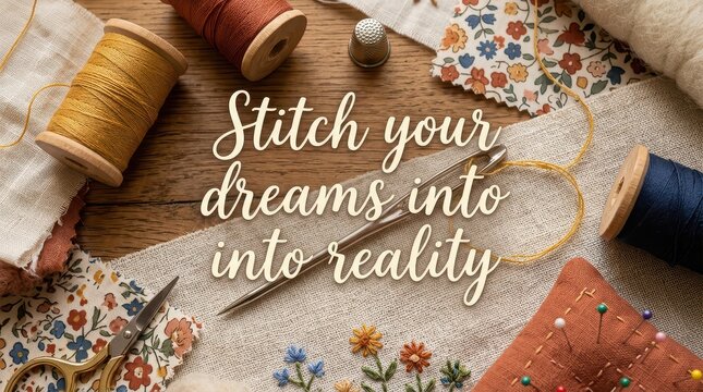 Creative hobby: sewing, embroidery, and crafting supplies on a wooden table with inspirational quote