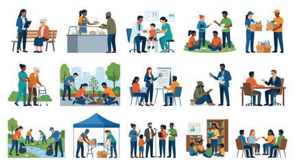 Fototapeta premium Flat Vector Illustrations of Community Support, Social Services, Volunteering, Education, and Care