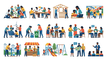 Fototapeta premium Community Development Social Responsibility Flat Illustrations. Diverse People Engaged in Sustainable Educational Activities