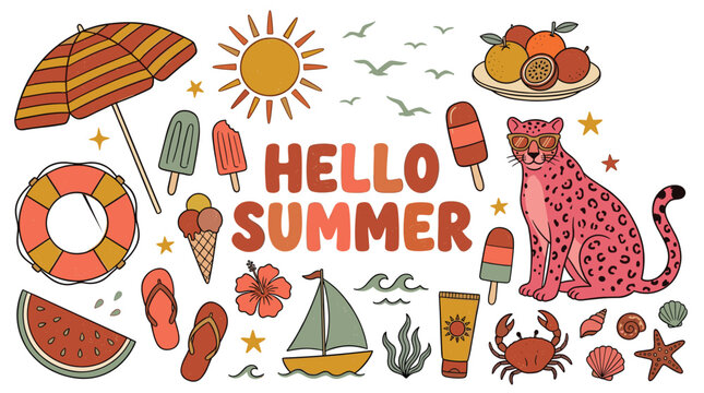 Summer vacation themed element pack in a colorful sketch style, featuring tropical fruits, beach gear, ocean wildlife, and sunshine