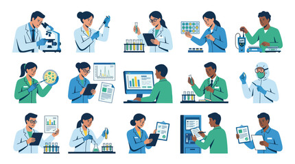 Fototapeta premium Scientists working in lab, flat vector illustration, technology and science
