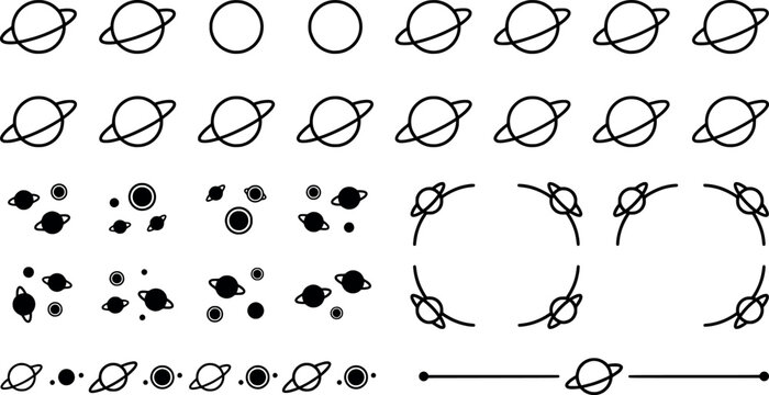 Set of handdrawn planet icons, space elements, and decorative borders for bullet journals and planners transparent background