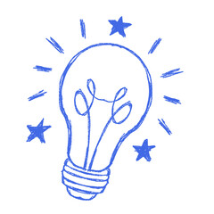 Blue ink sketch of a bright light bulb glowing with energy and stars. Suitable for creativity or energy concept designs. © Sawah Maya
