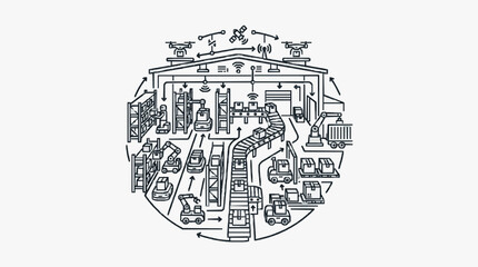 Obraz premium Minimalist Black and White Line Drawing of Smart Industrial Warehouse with Automation Drones and IoT Technology