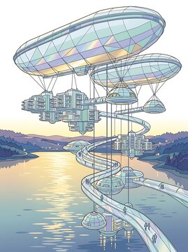 Futuristic modular city suspended by giant blimps over water