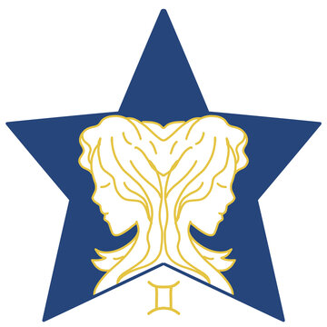 Gemini zodiac symbol with golden twins icon and blue star shape. Ideal for astrology websites, horoscope articles, and zodiacthemed designs.