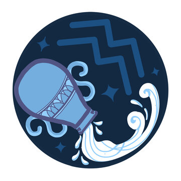 Aquarius zodiac symbol on blue ceramic jug with flowing water and white stars. Suitable for astrology websites, horoscope blogs, and waterbased product packaging.