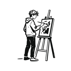 Fototapeta premium Teen painting on easel. Boy artist creating artwork on canvas. Minimalist line art vector illustration