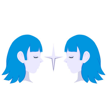 Gemini zodiac sign with blue hair girls profile and silver star symmetry, suitable for astrology websites, printed horoscopes, and social media posts.