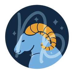 Capricorn zodiac sign featuring a blue goat head with yellow curved horns on a navy circular background. Suitable for astrology designs. © Sawah Maya