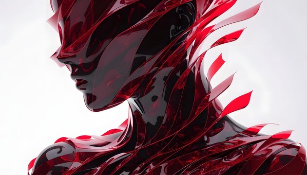 Abstract dark bionic face covered with layered red fluid glass sheets. Cyber security and digital fragmentation concept. Futuristic female side profile hidden behind glass ribbons