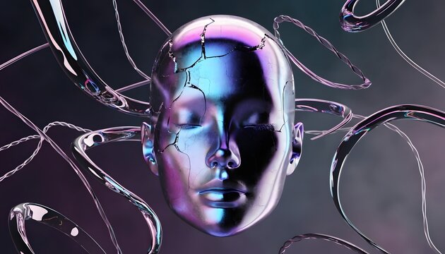 Metallic chrome cracked android face. Artificial intelligence repair and software glitch. Cybernetic head floating among glossy metallic abstract swirls