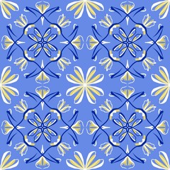 Fototapeta premium Mediterranean Summer Seamless Pattern with Lemons and Blue Portuguese Azulejo Tiles Wallpaper, hand drawn ink bleed brush