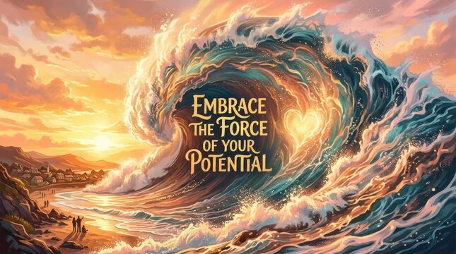Epic swirling ocean wave with inspirational quote 'Embrace the Force of Your Potential' at sunset