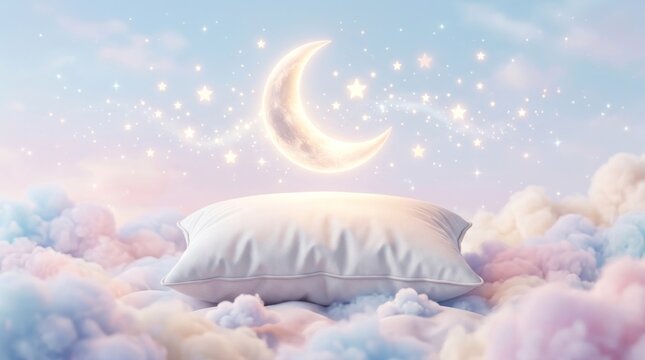 A white pillow resting on a bed of fluffy clouds with a crescent moon and stars in the background, creating a serene and dreamy atmosphere.