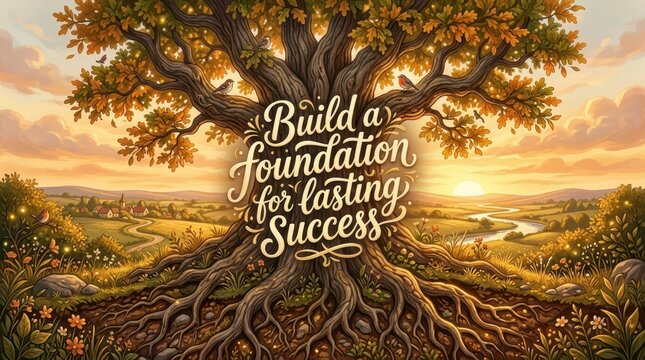 Majestic ancient oak tree with deep roots symbolizing strong foundation for lasting success, overlooking a serene countryside sunset