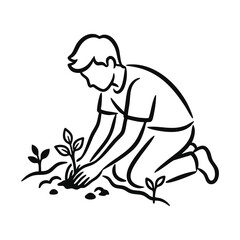 Fototapeta premium Teenager planting vegetable seedlings in soil line art. Young gardener and ecology concept. Minimalist black and white vector illustration