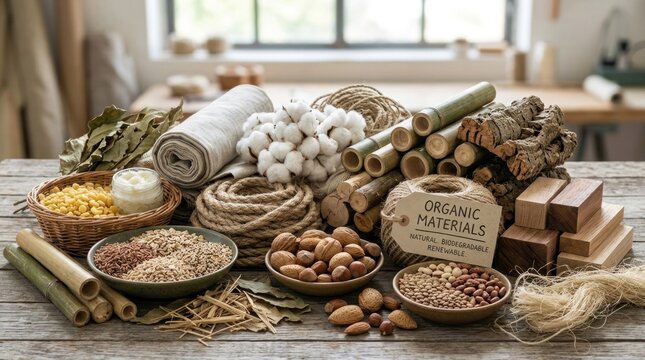 A variety of organic materials and natural fibers arranged on a rustic wooden table, including cotton, hemp, and bamboo, with a focus on the textures and colors of the materials.